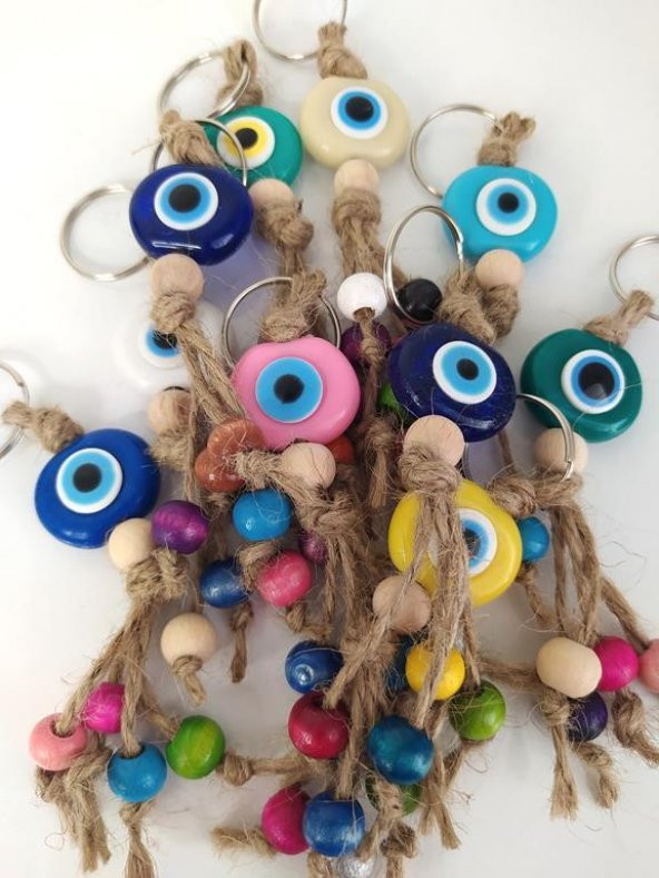 Nazar Boncuk Anahtarlık 20 Adet Karışık Renkli Kötü Göz Kovucu Nazar Hand Made Hasır Renkli Ahşap Boncuklu Nazarlı Anahtarlık - 5