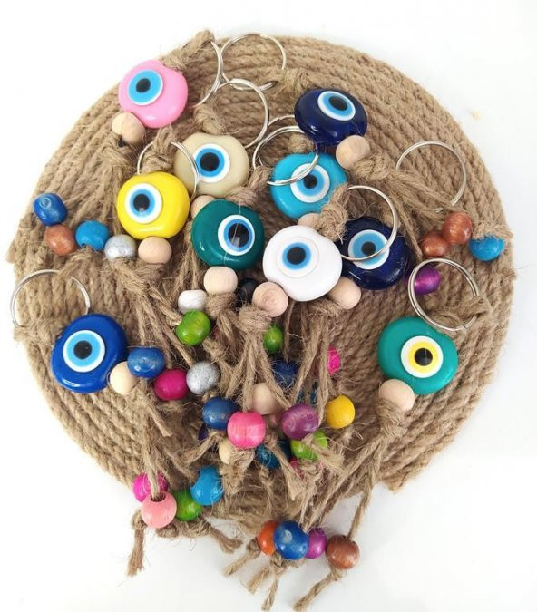 Nazar Boncuk Anahtarlık 20 Adet Karışık Renkli Kötü Göz Kovucu Nazar Hand Made Hasır Renkli Ahşap Boncuklu Nazarlı Anahtarlık - 4
