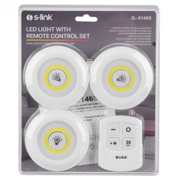 S-LINK SL-6146S 3W ZAMAN AYARLI UZAKTAN KUMANDALI YAPIŞKANLI 3LÜ KABLOSUZ PİLLİ LED LAMBA - 5