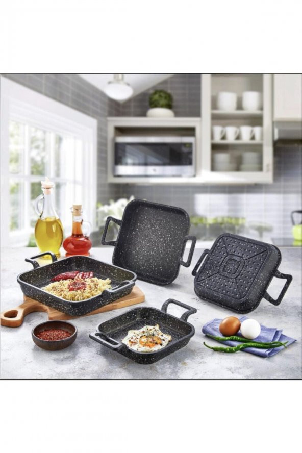 Eda 3 Lü Granit Kare Döküm Sahan Tava Seti Takımı - 18-20-22 Cm - 2