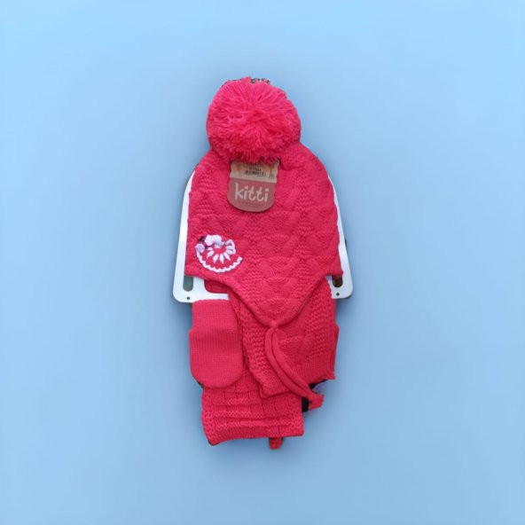 Kız Bebek Triko İçi Polarlı 0-18 ay Kitti Atkı Bere Eldiven Takımı Fuşya