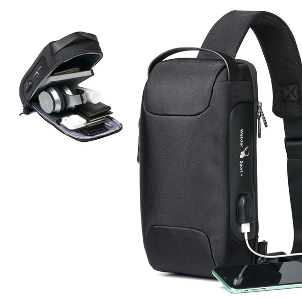 9530 Erkek Usb Şarj Portu Saklama Göğüs Çantası  Siyah - 2