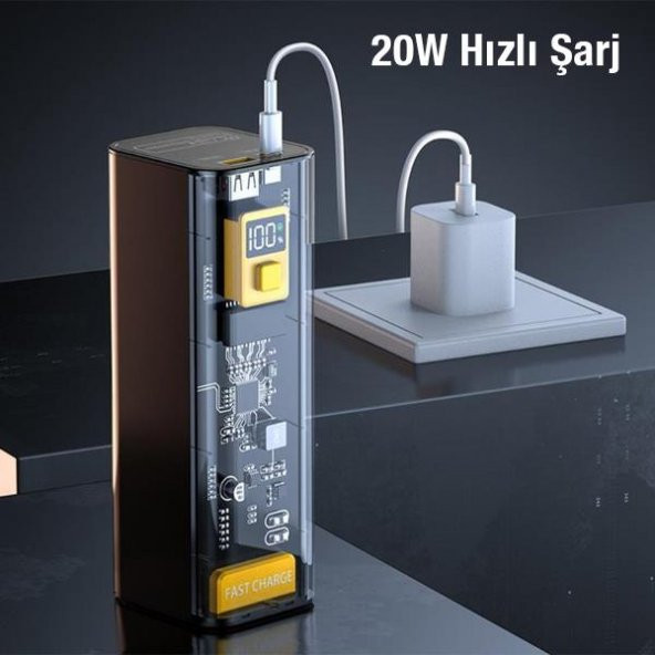 Polham Super Hızlı Şeffaf 22.5W 30000mAh Taşınabilir Powerbank, Led Göstergeli 1x PD Type C, 1x USB - 3