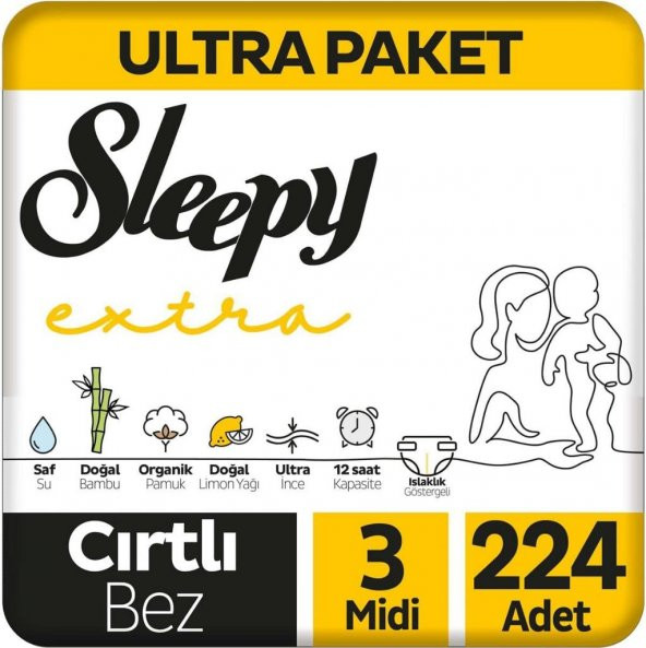 Sleepy Extra Günlük Aktivite Ultra Paket Bebek Bezi 3 Numara Midi 224 Adet SLPY3