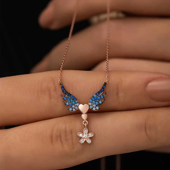 Gümüş Rose Çiçekli Kanatlı Kalpli Kolye SL3535 - Resim 3