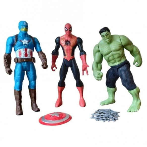 3lü Süper Kahraman Figürleri Spiderman Hulk Captain America