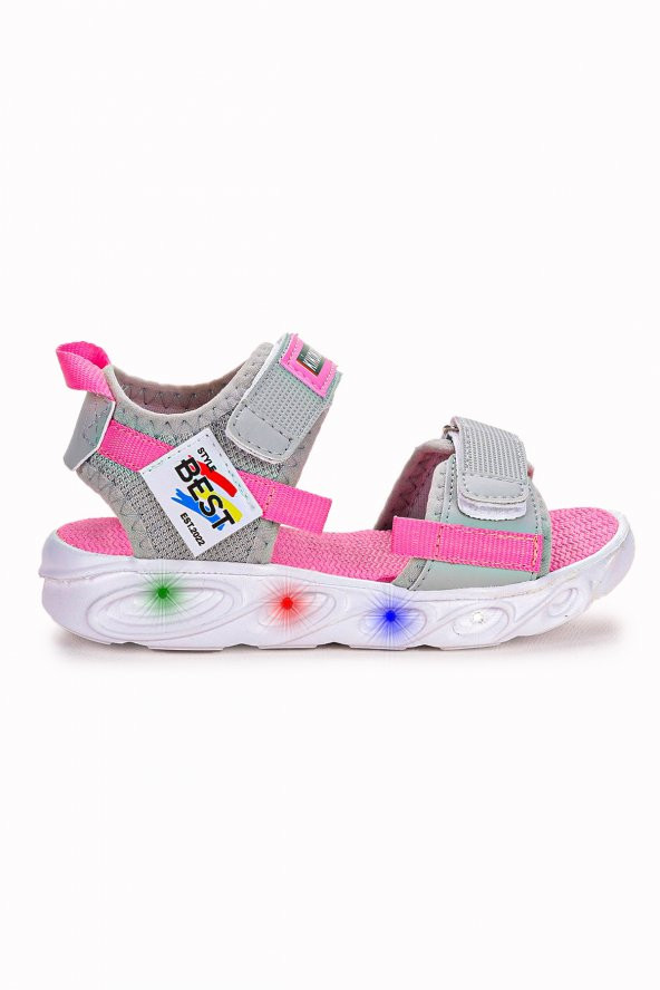 Kiko Kids 100 Işıklı Kız/Erkek Çocuk Cırtlı Sandalet Ayakkabı 100 Gri - Pembe