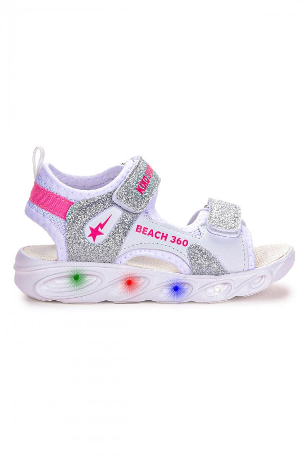 Kiko Kids 102 Simli Işıklı Kız Çocuk Cırtlı Sandalet Ayakkabı Gümüş