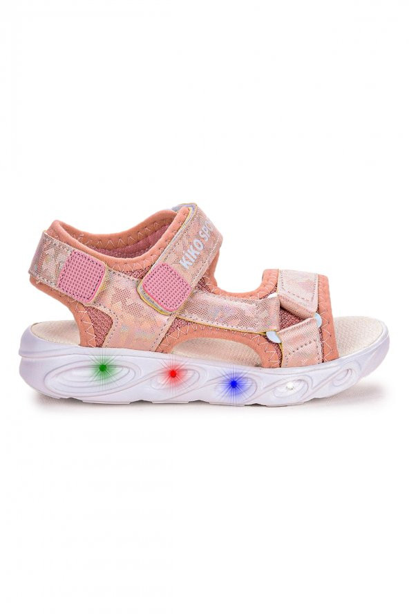 Kiko Kids 133 Hologram Işıklı Kız Çocuk Cırtlı Sandalet Ayakkabı Pudra