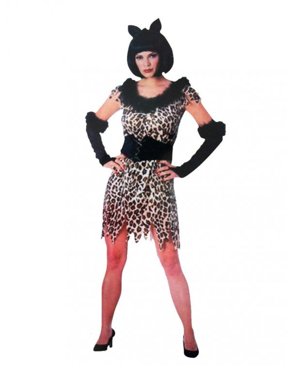 Yetişkin Bayan Leopar Kostümü  - Kedi Kız Kostümü - Taş Devri Kostümü (3791)