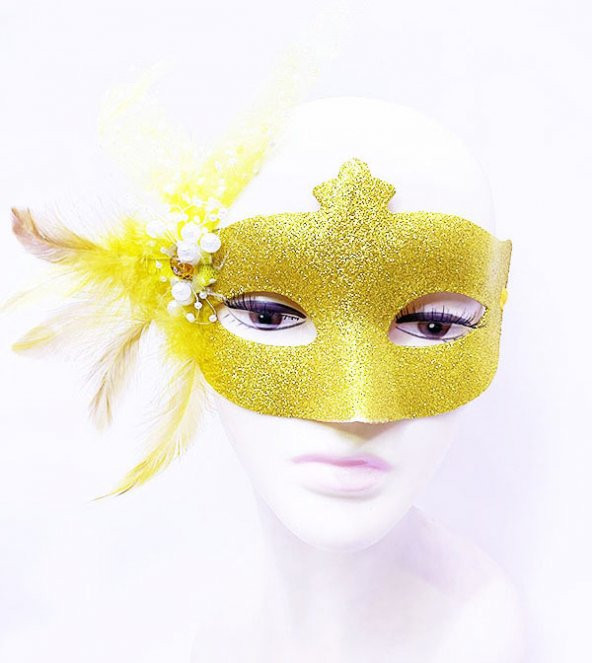 Sim İşlemeli İnci Boncuk Detaylı Tüylü Balo Maskesi Altın Renk 13x18 cm (3791)