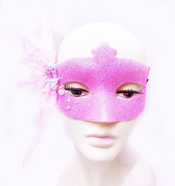 Sim İşlemeli İnci Boncuk Detaylı Tüylü Balo Maskesi Pembe Renk 13x18 cm (3791)