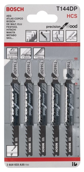 Bosch - Hassas Kesim Serisi Ahşap İçin T 144 DP Dekupaj Testeresi Bıçağı - 5'Li Paket