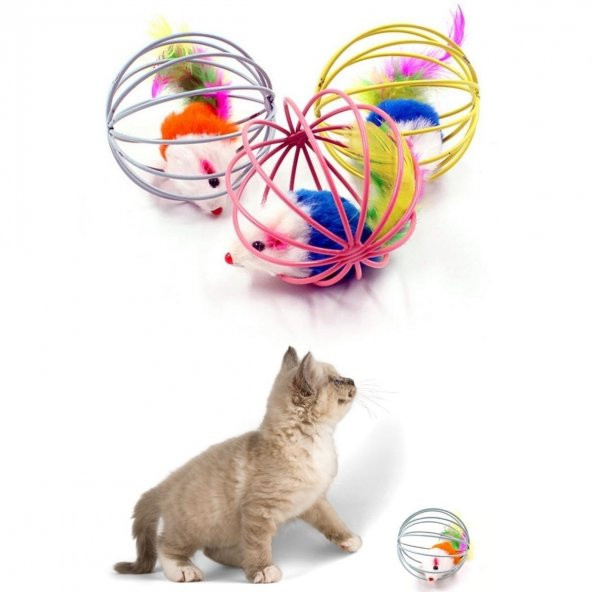 Renkli Metal Kafesli Peluş Fareli Kedi Köpek Oyuncağı Oyun Topu 6 cm (3791)