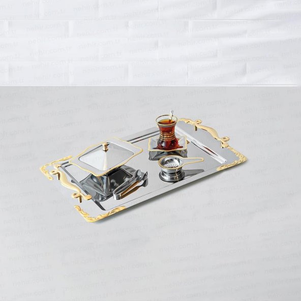 Nehir lalezar altın 2 li paslanmaz çelik tepsi çay ve kahve tepsisi - servis tepsisi 2 boy - 2