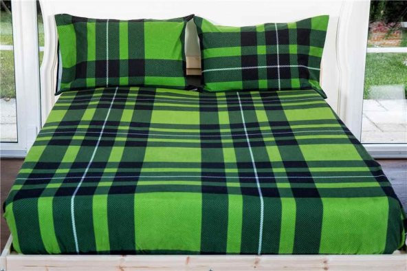Maki 100 Pamuk Pazen (Flanel) Yeşil Ekose 180x200 Battal Boy Lastikli Çarşaf