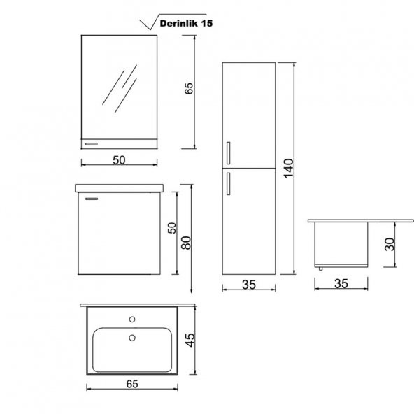Denko Terra 65 cm MDF Beyaz Banyo Dolabı Takımı ve Boy Dolabı - 4