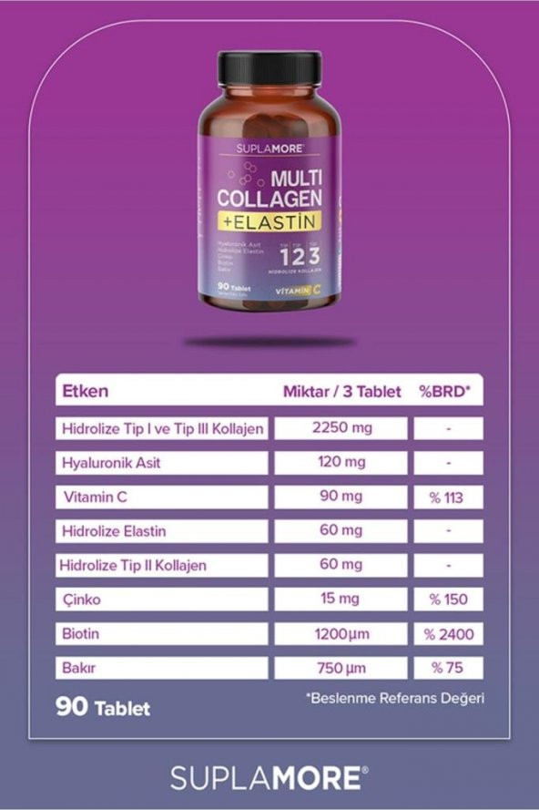 Suplamore Multi Collagen & Elastin Tip1 Tip2 Tip3 Hidrolize Kolajen 90 Tablet - 2