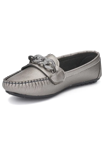 Nstil Günlük Kadın Hafif Babet Tokalı Zincirli Suni Deri Yürüyüş Rahat Esnek Anne Ayakkabısı 1003 - 6