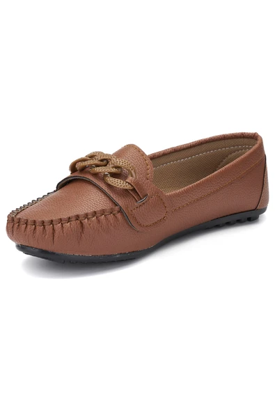 Nstil Günlük Kadın Hafif Babet Tokalı Zincirli Suni Deri Yürüyüş Rahat Esnek Anne Ayakkabısı 1003 - 5