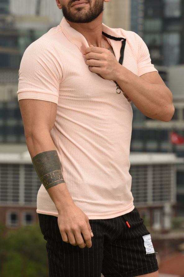 Erkek Fermuarlı Full Likralı Polo Yaka Reguler Fit T-shirt - 10