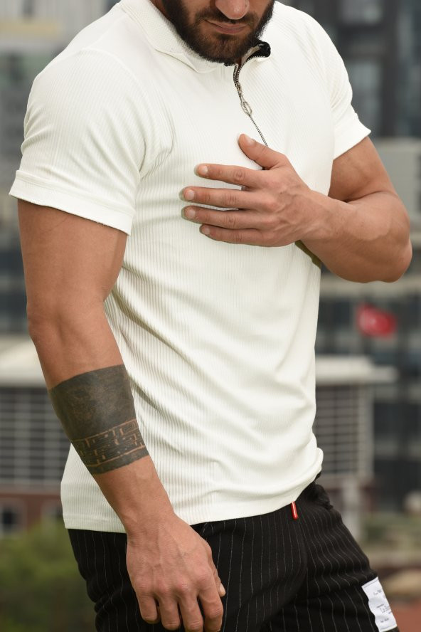 Erkek Fermuarlı Full Likralı Polo Yaka Reguler Fit T-shirt