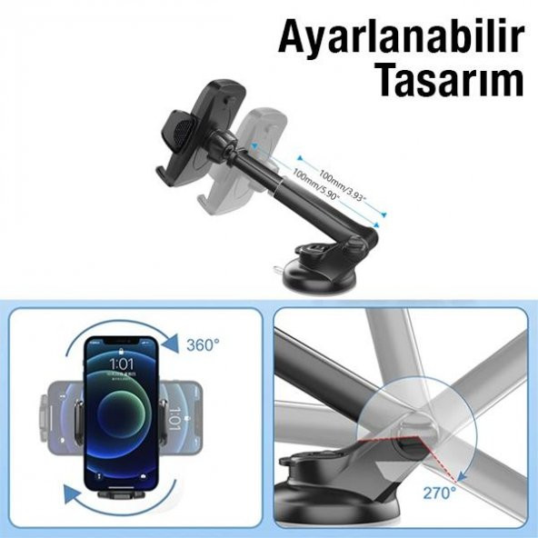 Coofbe Torpido Üzeri Ve Cama Yapışan Teleskopik Araç Tutucu Araç İçi Telefon Tutucu 360 Derece Oynar Başlık - 6