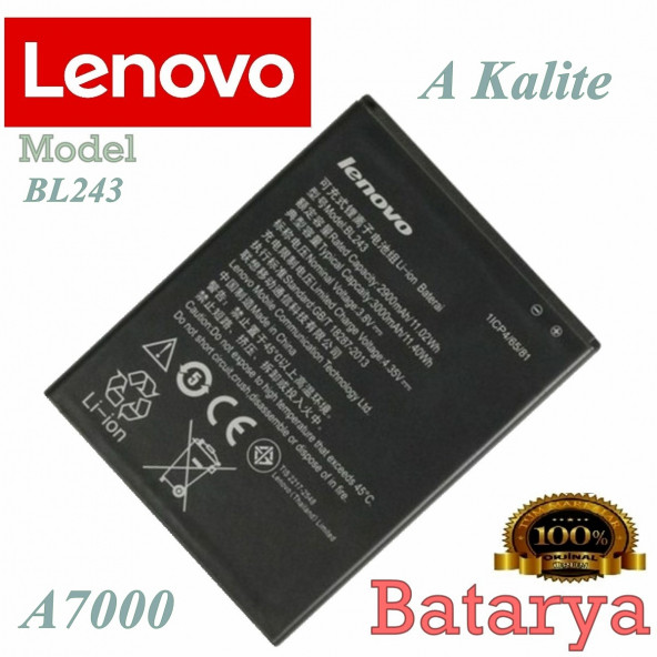 Lenovo A7000 Batarya BL243 Uyumlu Yedek  Batarya