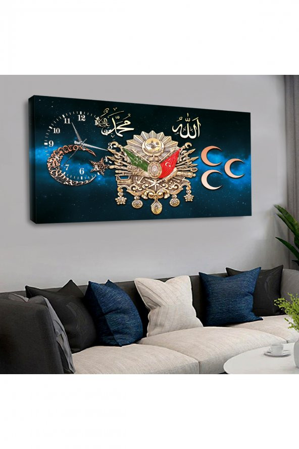 120X60 SAATLİ OSMANLI TUĞRASI KANVAS TABLO