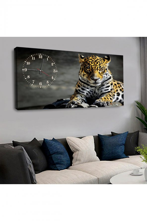 120X60 SAATLİ HAYVANLAR ALEMİ KAPLAN KANVAS TABLO