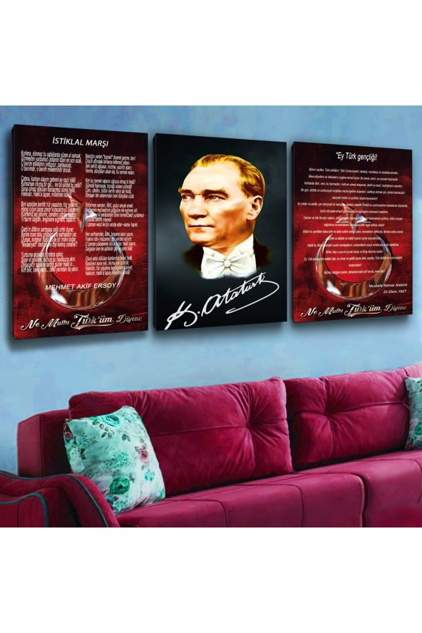 3LÜ KANVAS 50 X 70 CM  İSTİKLAL MARŞI - GENÇLİĞE HİTABE - ATATÜRK TABLOSU