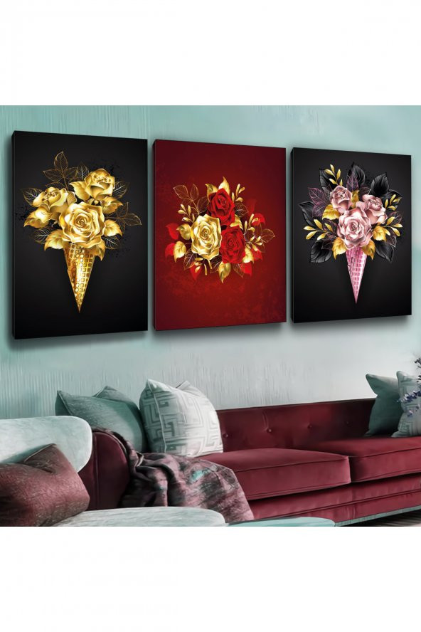 3LÜ KANVAS 50 X 70 CM  RENKLİ GÜLLER TABLOSU