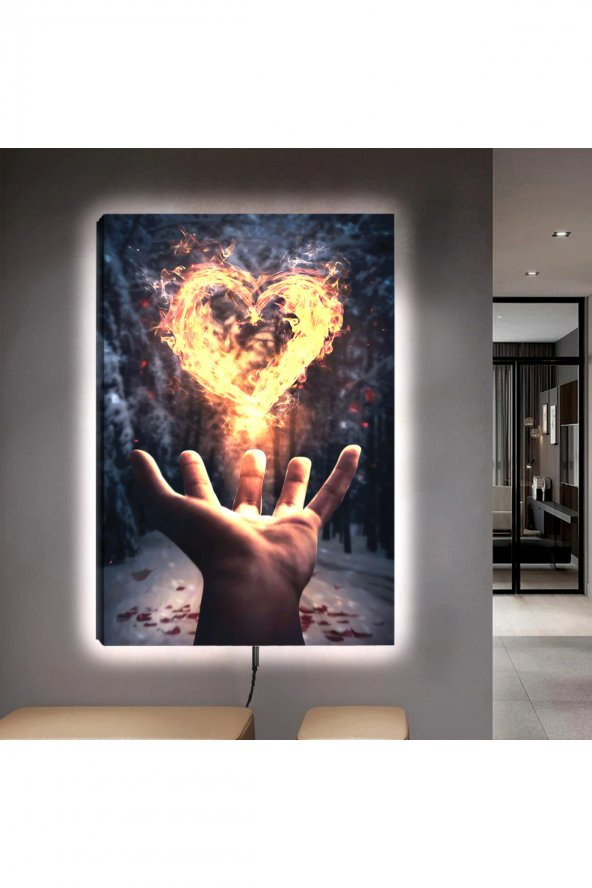 LEDLİ 90X60 ALEVLİ KALP KANVAS TABLO - 1