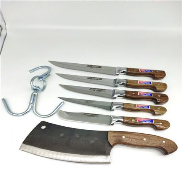 Ahşap Saplı Kahverengi 7 Parça Kurban Seti Mutfak Bıçak Setleri Kanca Masat Satır Et Tokmağı