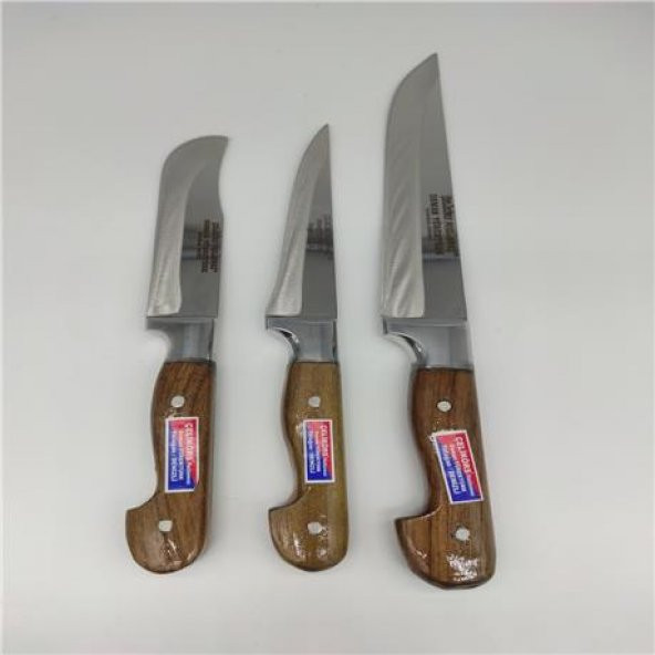 Ahşap Saplı Kahverengi 3 Parça Kurban Seti Mutfak Bıçak Setleri Kanca Masat Satır Et Tokmağı