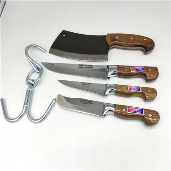 Ahşap Saplı Kahverengi 5 Parça Kurban Seti Mutfak Bıçak Setleri Kanca Masat Satır Et Tokmağı