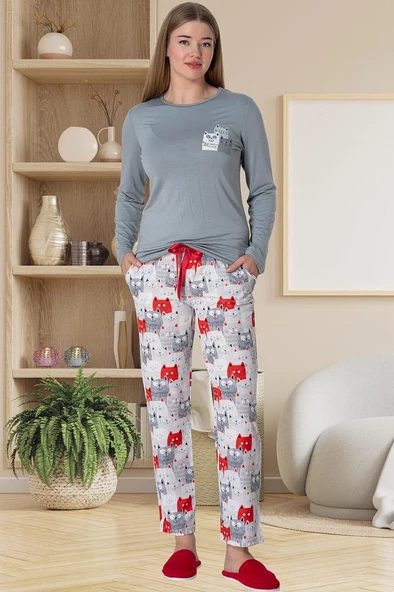 Mecit 5819 Bayan Gri Uzun Kollu Pijama Takımı