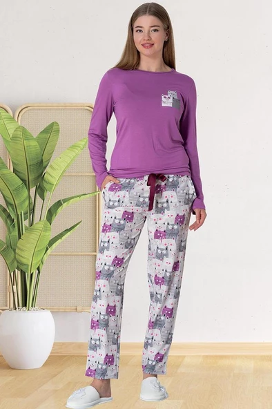 Mecit 5819 Bayan Mor Uzun Kollu Pijama Takımı