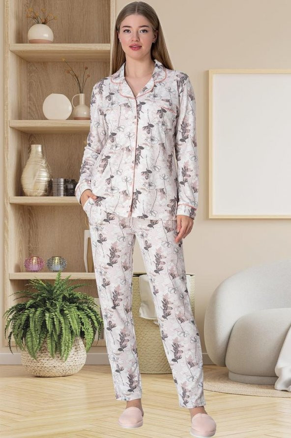 Mecit 5817 Bayan Pudra Boydan Düğmeli Uzun Kollu Pijama Takımı
