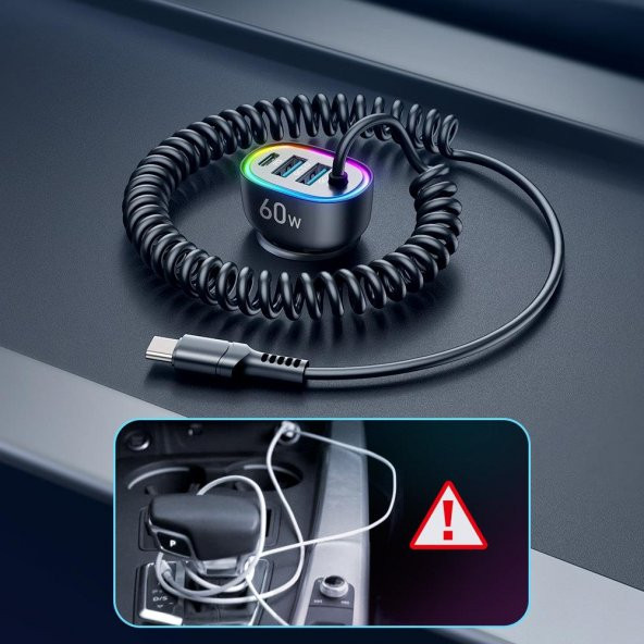 Joyroom 60W 4 in 1 Hepsi Bir Arada Type-C Kablolu Araç Şarj Cihazı - 2