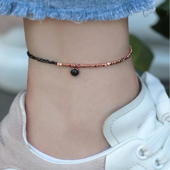 Oniks Taşlı Rose Gold Halhal