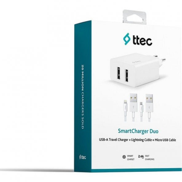 Ttec Smartcharger Duo 2.4A Seyahat Sarj Aleti Cift Usb+ Lightning ve Micro Kablo Beyaz 2SCS21DB