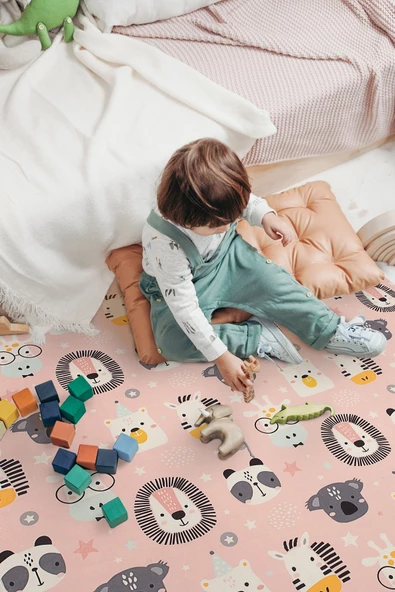 Cute 150x150 cm Bebek Ve Çocuk Halısı Pembe Hayvanlar Somon - 2