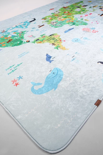 Dünya Haritası 120x160 Cm Oyun Matı Bebek Ve Çocuk Halısı Mavi - 4