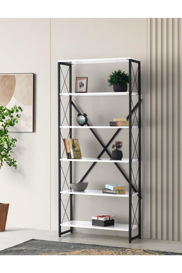 Erezoğulları Mobilya Ferforje Beyaz Ahşap 5 Raflı Kitaplık 80x30x180 - 3