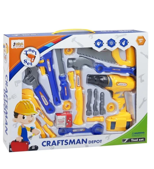 Pilli, 20 Parça  Oyuncak Tamir SETİ - Darbeli Matkap,Testere,Çekiç, Pense ve Fazlası... - 2