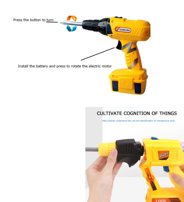 Pilli, 20 Parça  Oyuncak Tamir SETİ - Darbeli Matkap,Testere,Çekiç, Pense ve Fazlası... - 5