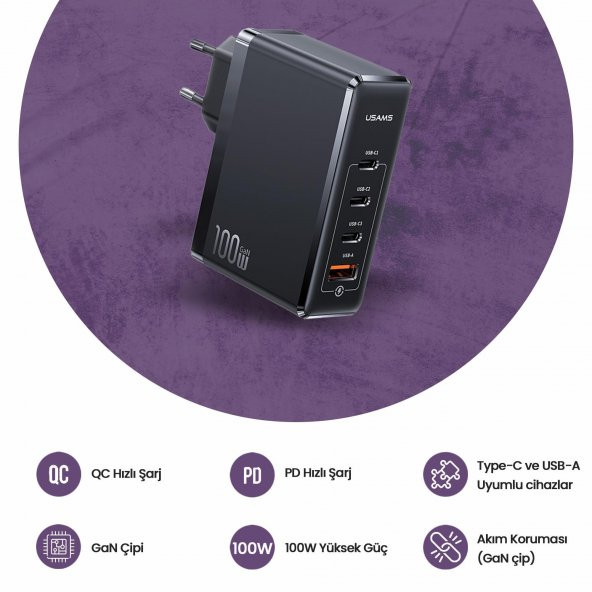 Usams US-CC163 T50 100W QC+PD 4 Port (3Type-C+1USB) GaN Hızlı Şarj Başlığı-Siyah - 5