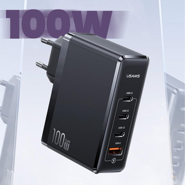 Usams US-CC163 T50 100W QC+PD 4 Port (3Type-C+1USB) GaN Hızlı Şarj Başlığı-Siyah - 6
