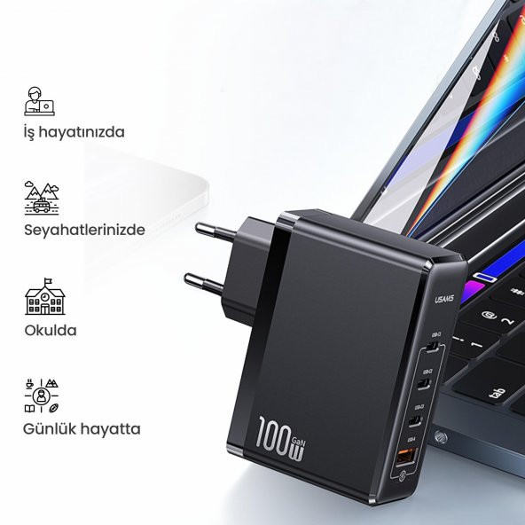 Usams US-CC163 T50 100W QC+PD 4 Port (3Type-C+1USB) GaN Hızlı Şarj Başlığı-Siyah - 7